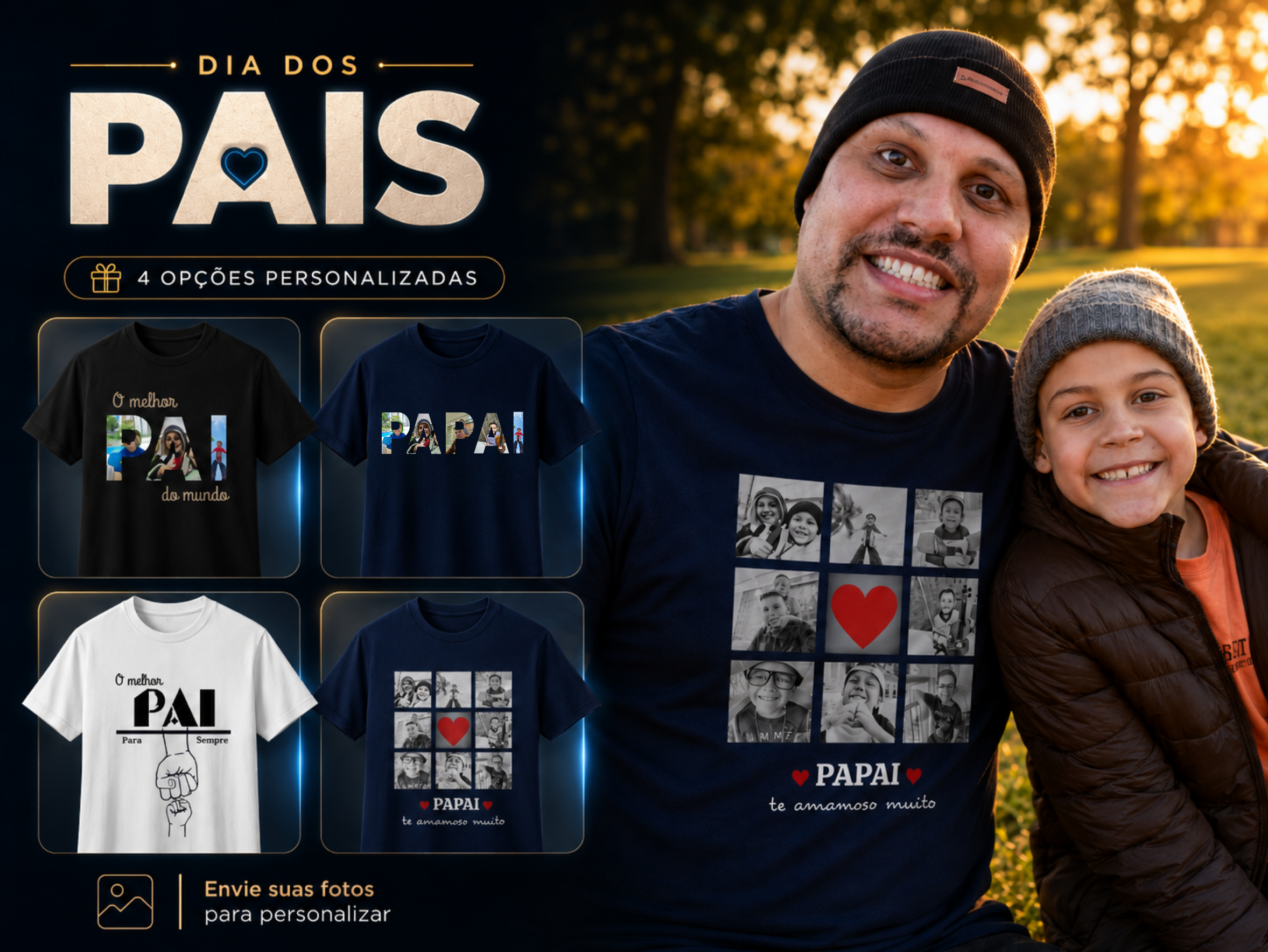Campanha Dia dos Pais Clube404 com pai e filho e 4 opções de camisetas personalizadas