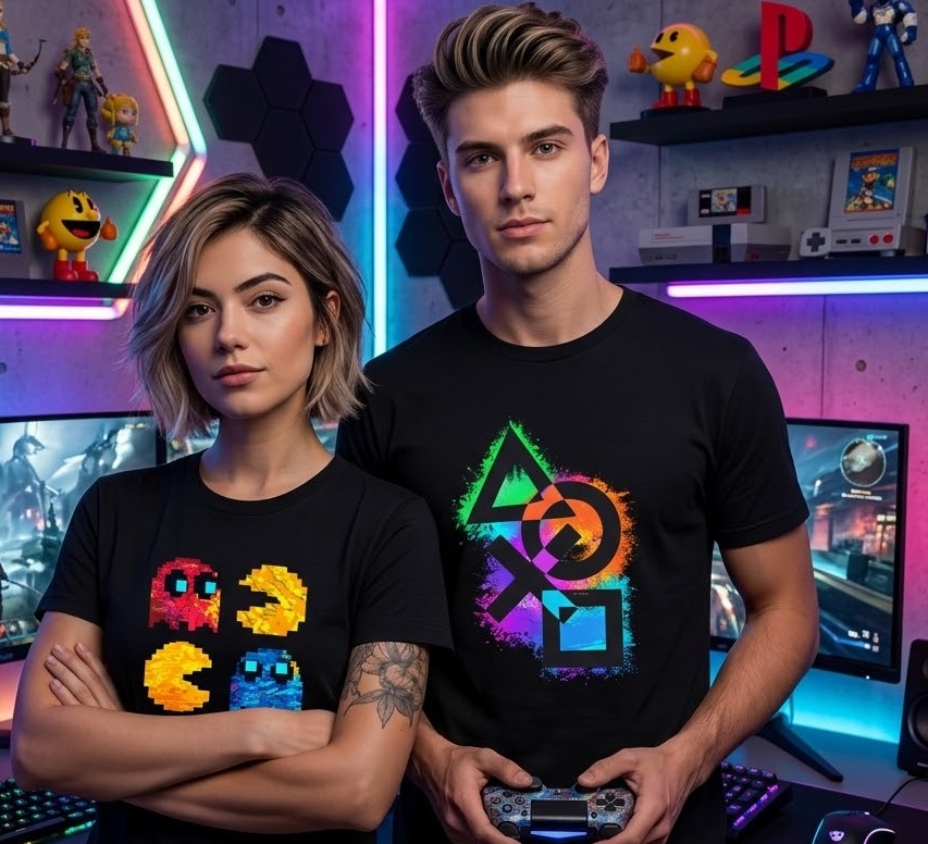 Modelo usando camiseta gamer