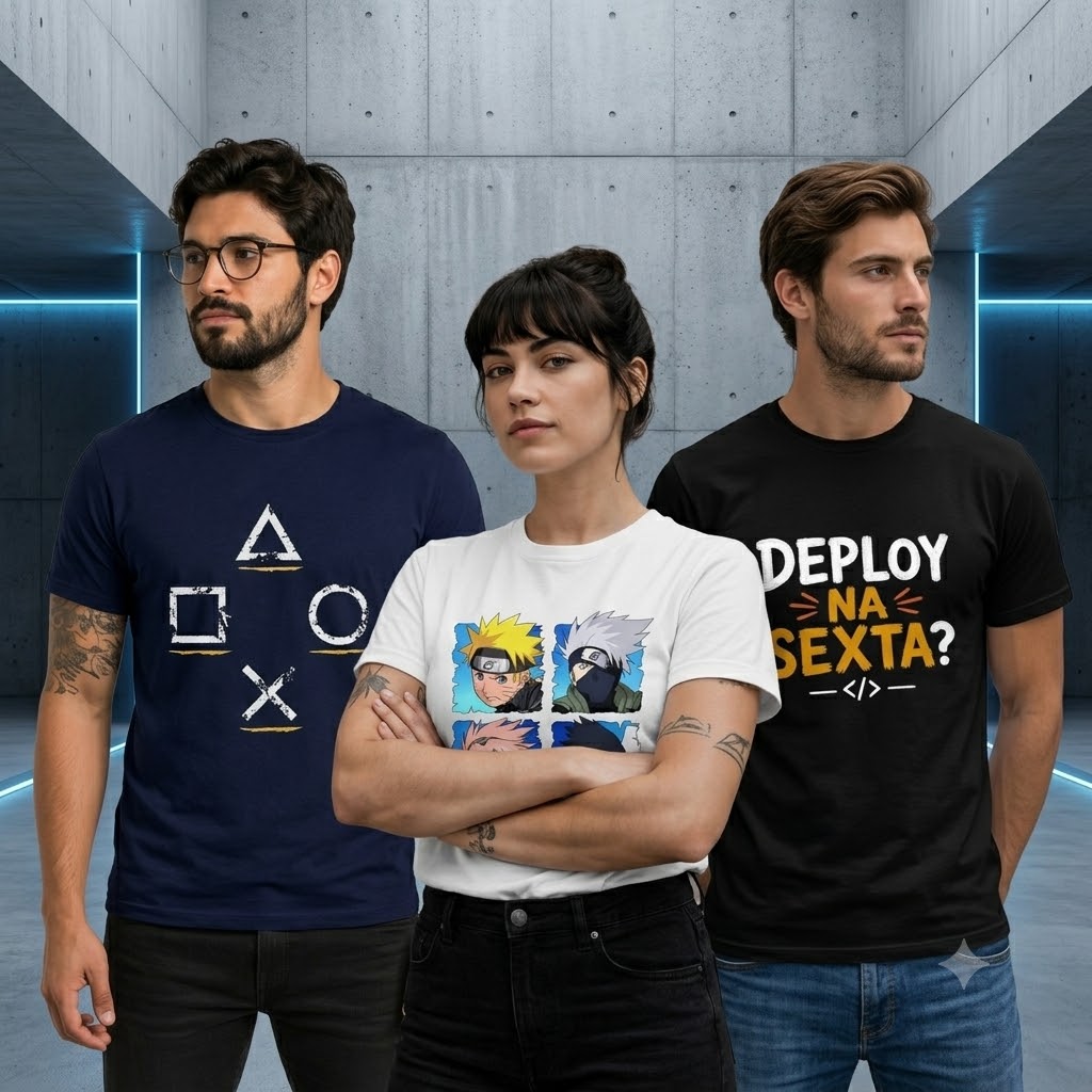 Modelos usando camisetas gamer, anime e DevOps da Clube404
